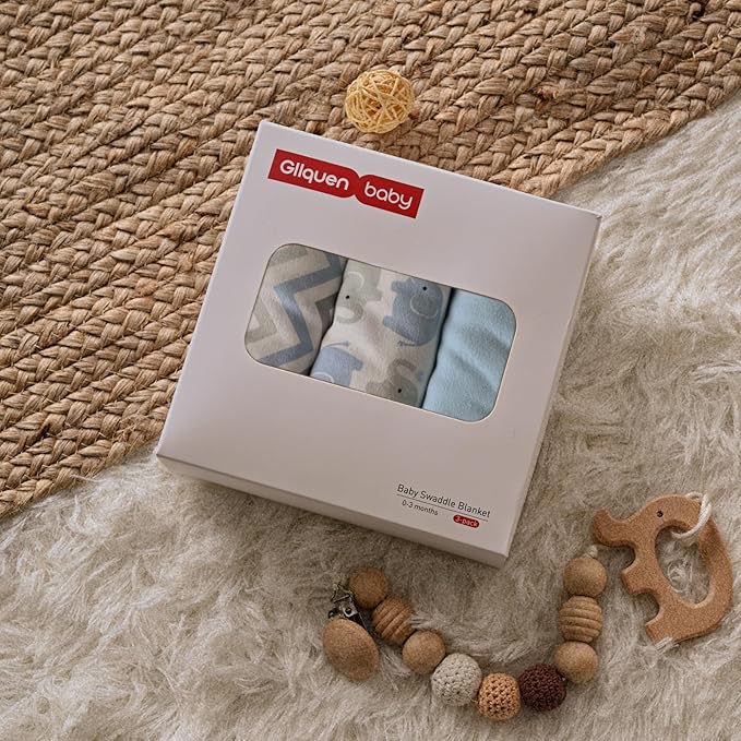 GLLQUEN BABY Swaddle Sleep Sack - 3 Pack Infant Swaddles for Newborn, Baby Swaddling Sack 0-3 Months, Ergonomic Newborn Swaddle Blanket for Baby Boy and Girl, Blue & Elephants