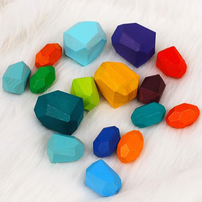 16 Pcs Wooden Stacking Blocks Rocks Building Toys, Colored Solid Wood Stones Pre-School Educational Games Creative Toys for Kids Toddlers