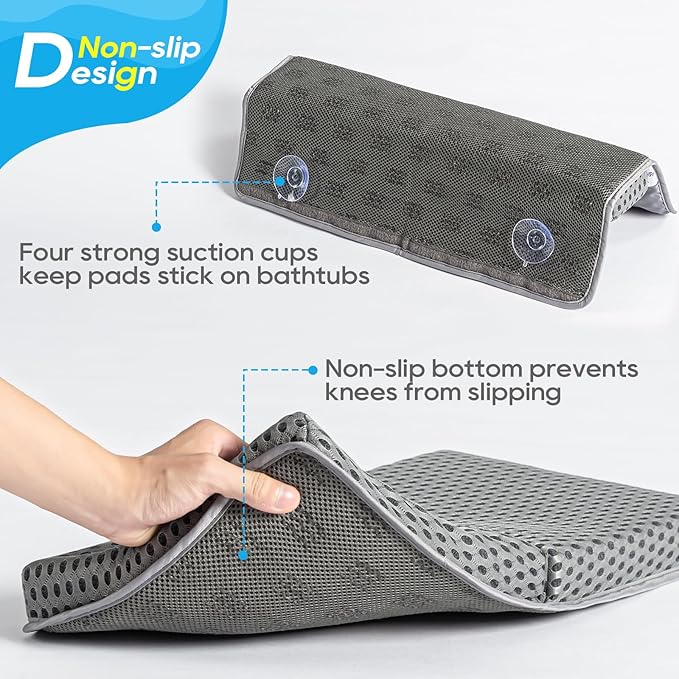 OS OMYSTYLE Baby Bath Kneeler and Elbow Rest Pad Set, 1.5'' Thick Quickly Dry Bathtub Kneeler Pad with Baby Toys & Bath Accessories Organizer, Kneeling and Elbow for Tub, Non-Slip Mat(Grey)