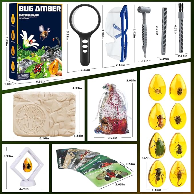 Amber Dig Kit - Insects in Resin, 8 Insects Specimens Excavation Kit, Gemstone Bugs for Kids, Fossil Bug Toys Dig Kits for Bugs Collection, Insect Toys for Boys Girls 6 and up Year Old Birthday Gifts