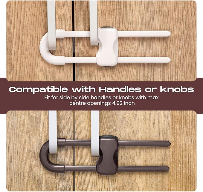 Jetec 10 Pieces Cabinet Locks for Babies, U-Shaped Proofing Drawers Safety Child Locks Adjustable, Easy to Use Childproof Latch for Knob Handle on Kitchen Door Storage Cupboard Closet (Brown,White)
