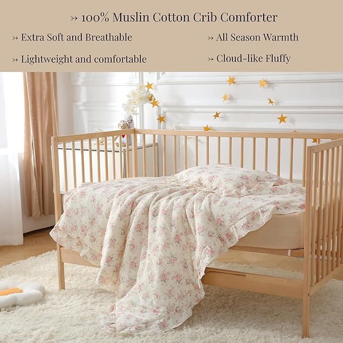 100% Cotton Muslin Crib Comforter/Quilt,Ultra Soft Cozy Reversible Baby Blanket,All Season Toddler Blankets for Boys and Girls, Machine Washable,41"x48"