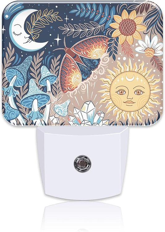 Boho Moth Mushroom Night Light for Kids, Sun and Moon With Faces LED Night Light Plug into Wall with Dusk to Dawn Sensor for Girls Boys Women Men Room, Hallway, Kitchen, Bathroom, Stairs Decor