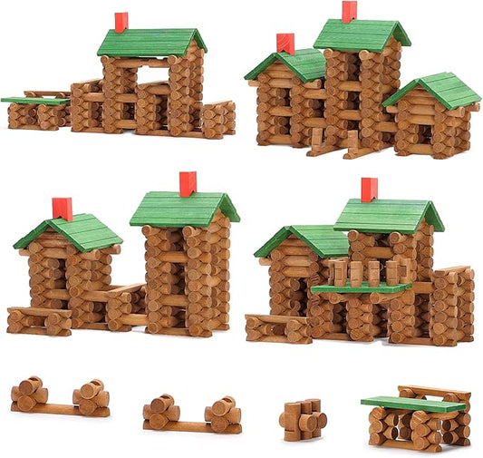 SainSmart Jr. 665 PCS Wooden Log Cabin Set Building House Toy for Toddlers, Classical STEM Construction Kit Compatible with Lincoln Logs for 3+ Kids