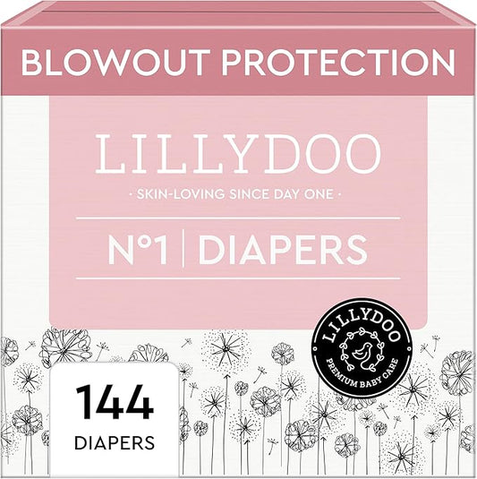 LILLYDOO Baby Diapers - Size 1 (4-11 lbs), Monthly Supply (144 Count), Leak Protection, Skin-Friendly, Ultrasoft, Perfume- & Chlorine-Free, Hypoallergenic, Dermatologist Tested, Oeko-TEX®