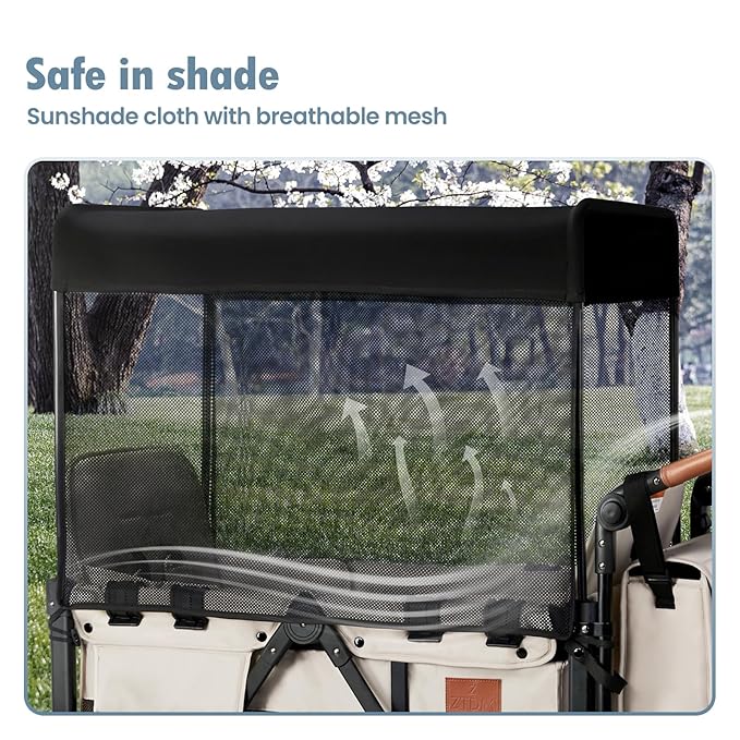 Wagon Stroller for 2 Kids, High Seat & 5 Point Harness, Foldable All-Terrain Wagon for Toddler with Canopy, Parent Organizer, Shoulder Bag, Adjustable Handlebar, Ultimate Double (Beige)