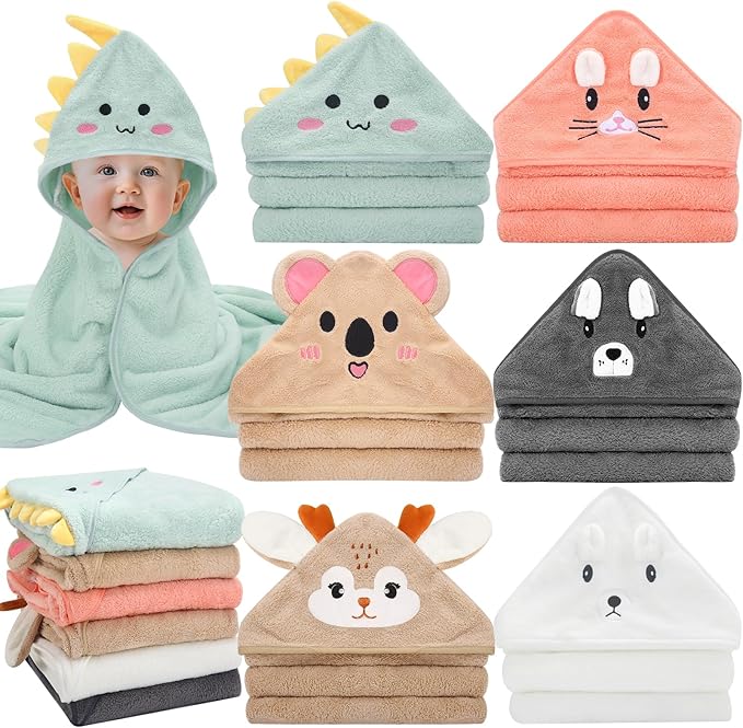 6 Pack Baby Hooded Bath Towels, Premium Ultra Soft Absorbent Coral Fleece Bath Towel Set for Newborns, Infants, Toddlers, and Kids, 31.5 X 31.5 Inch Hooded Towel for Boys and Girls