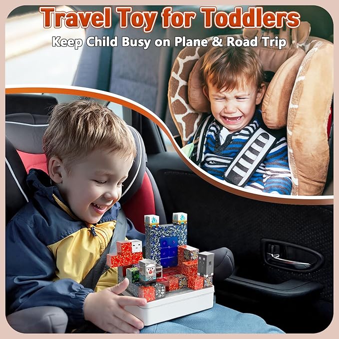 70PCS Magnetic Building Blocks Travel Toys for Kids Ages 4-8, Lava Portal Mini Magnetic Blocks with Iron Storage Box, Portable Magnet Cubes STEM Learning Set for Toddler Boys Girls Ages 3+