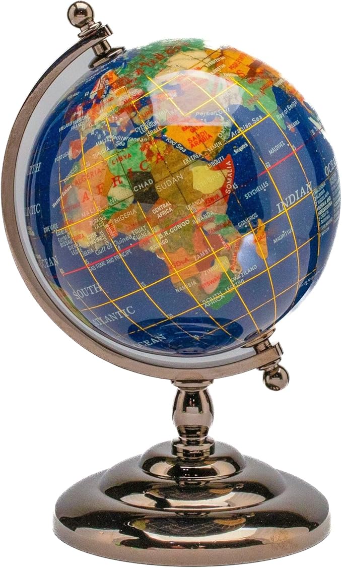 KALIFANO 7” Tall Gemstone Globe with Vibrant Polished Lapis Ocean and Mosaic Crystal Continents - World Globe with Metal Stand for Office & Home Décor