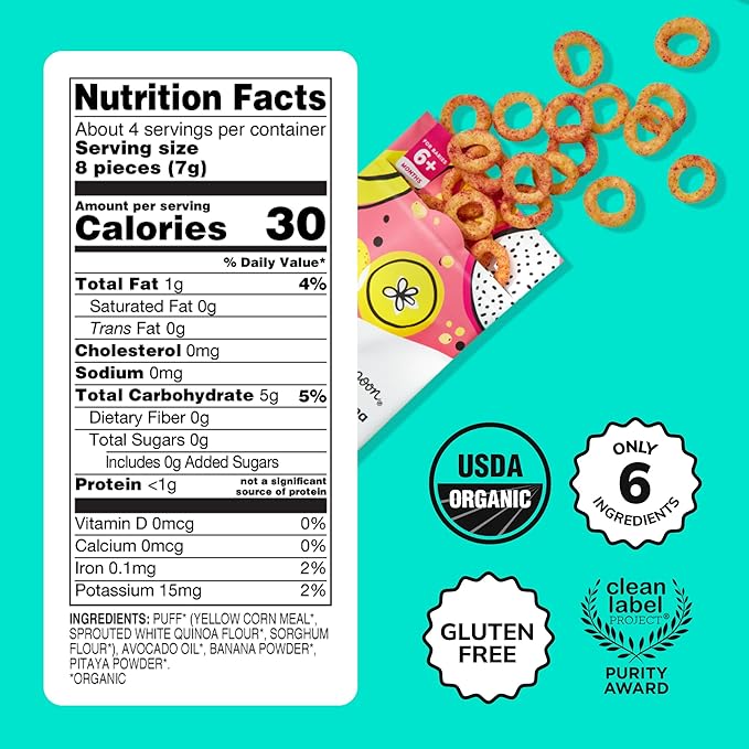 Little Spoon Banana Pitaya Meltable Baby Puffs, Organic Corn Quinoa Sorghum, No Rice, No Added Sugar Snacks, Encourages Self-Feeding, 1 Oz Bag, 4 Pack