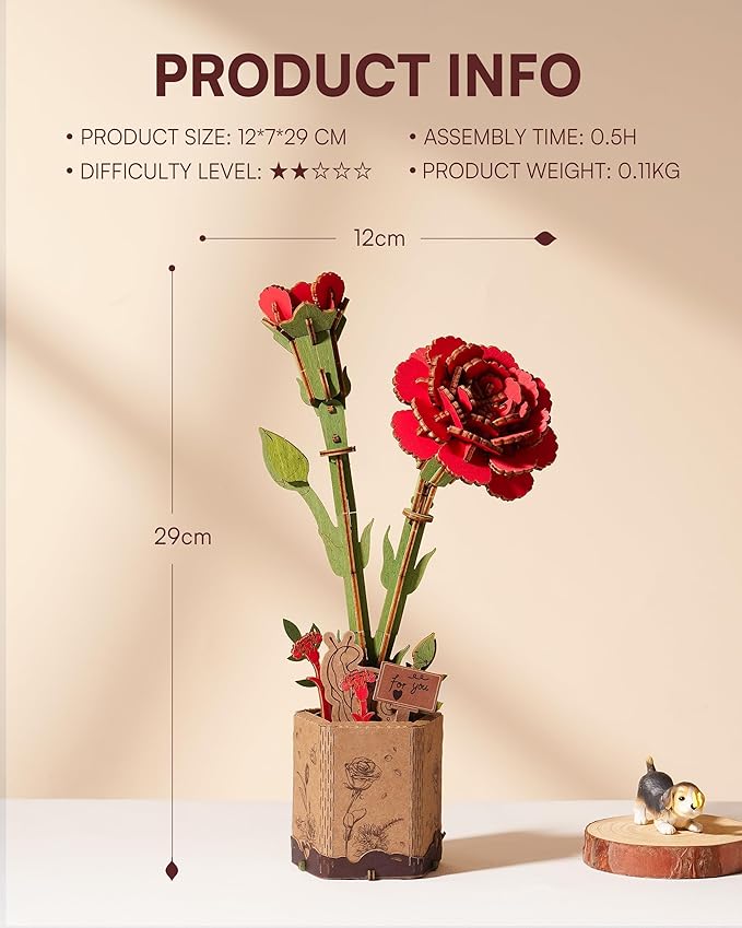 3D Flower Wooden Puzzles for Adults-Red Carnation, DIY Wooden Flowers Model Kit Building Set Crafts for Adults to Build, Botanical Collection/Ideal Creative Gift Ideas/Housewarming (124PCS)