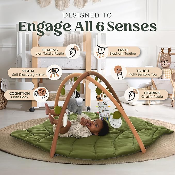 Baby Play Mat & Activity Gym - Tummy Time Mat with 6 Detachable Baby Toys | Oversized Leaf Modern Design Baby Play Gym | Perfect Baby Shower Gifts/Baby Must Haves - Developmental Activities for Baby