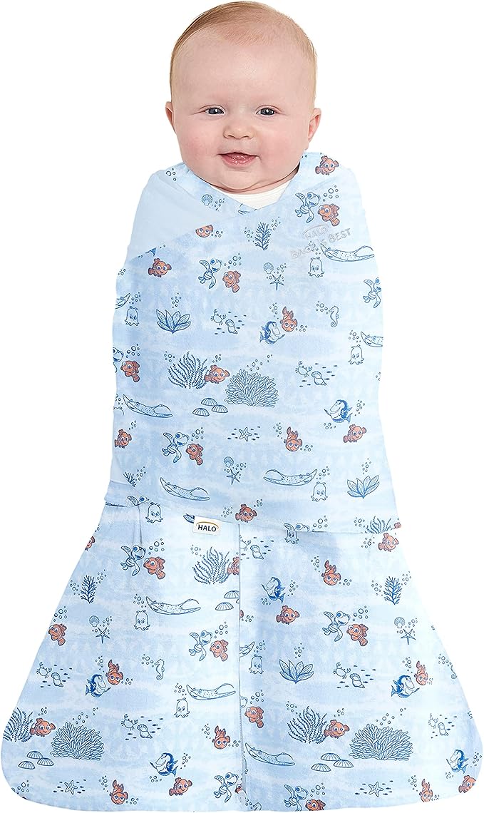 HALO Disney Baby Finding Nemo 100% Cotton Sleepsack Swaddle, 3-Way Adjustable Wearable Blanket, Nemo Tie Dye, Newborn, 0-3 Months