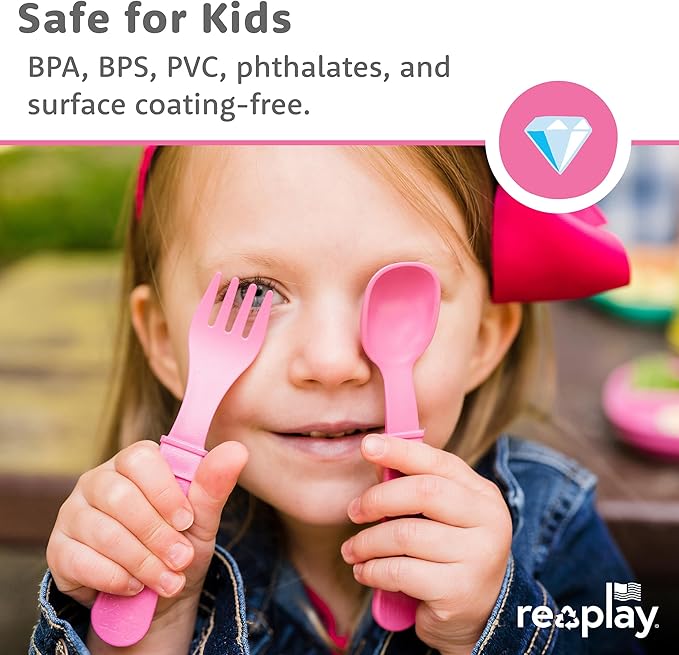 Re-Play Toddler Forks and Spoons Set - 4x4 Utensils for Kids with Case - Dishwasher and Microwave Safe - Made in USA - Pack of 8-5.8" x 1.2" x 0.2" - Blossom
