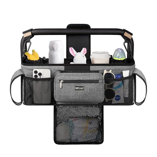 TOPDesign Universal Baby Stroller Organizer, Double Stroller Caddy with Detachable Mesh Bag & Heightened Insulated Cup Holders & Non-Slip Secure Hooks Accessories, Fits Most Strollers (Grey)