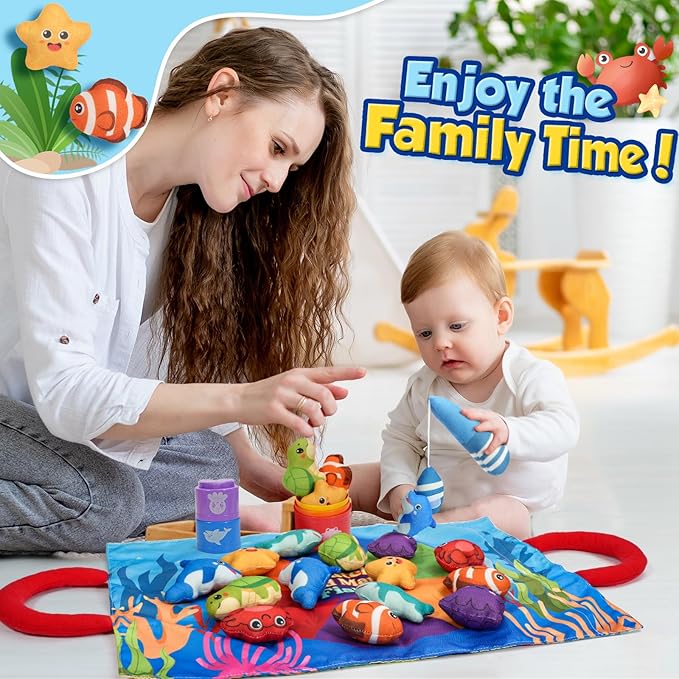 ZOOI Toddler Montessori Toys for 1-3 Year Old, 24PCS Cloth Fishing Game with Stacking Cups for Hand-Brain Coordination, Sensory Baby Toys 6-12 Months, 1-3 Year Old Girl Boy Birthday Gifts