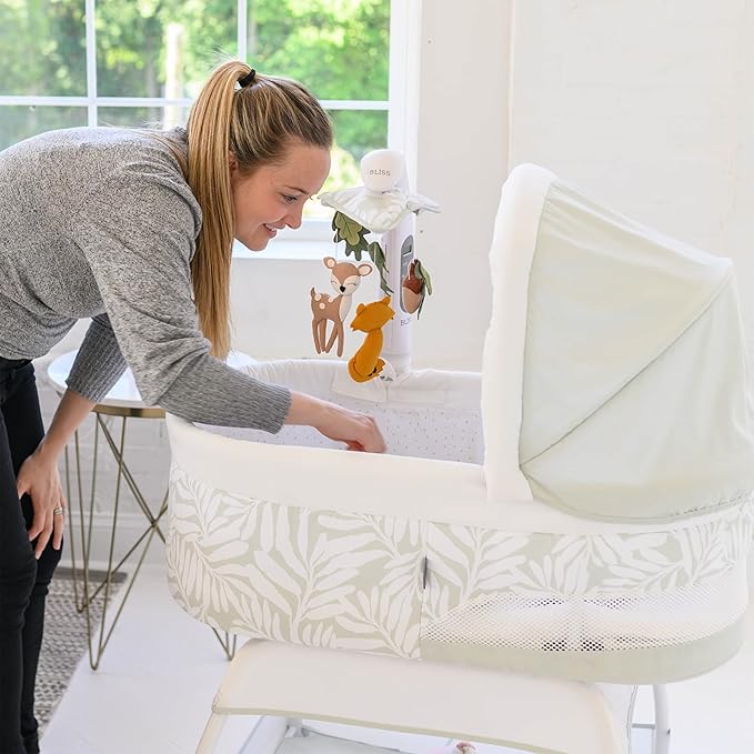 Baby Sweetli Calm Infant Bassinet Bedside Crib Sleeper with Cry Recognition, Electric Mobile with Deluxe Toys, Music, Nightlights, Vibration (Sage Fern Leaves)