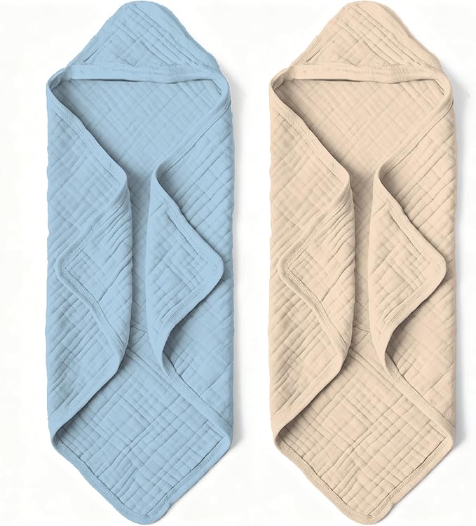 Organic Muslin Hooded Baby Bath Towels - 2 Pack 100% Organic Cotton Towel for Babies, Infants, Toddlers - 32x32Inch - Highly Absorbent and Newborn Essential (Brown Blue)