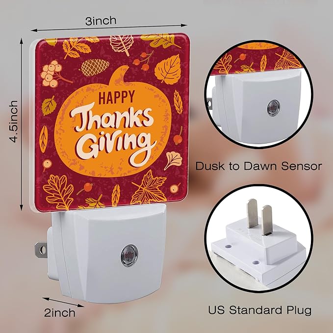Happy Thanksgiving Night Light for Kids,Autumn Fall Orange Pumpkin Maple Leaf Night Light Plug in with Dusk to Dawn Sensor,0.5w Energy Saving Nightlight for Hallway Stairway Kitchen Bedroom