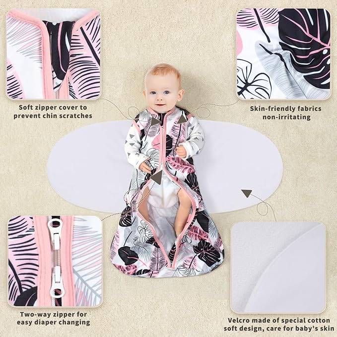 Newborn Sleep Sack Baby Swaddle,3-Way Adjustable Wearable Blanket,100% Rayon Cotton Swaddling sleeping bag. (Banana&Flower, 3-6 Months)