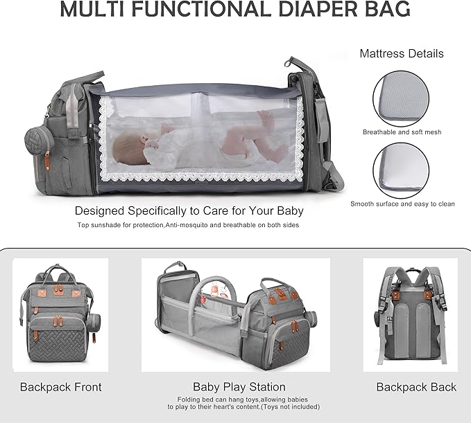 Diaper Bag Backpack with Changing Station, Multifunction Travel Baby Bag, Waterproof Baby Tote, Large Capacity Mommy Bag, Newborn Essentials Backpack Bag, Unisex, Gray