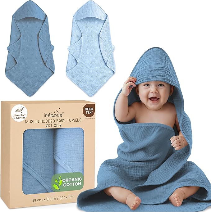 Organic Cotton Muslin Baby Hooded Towels - 32x32 Inch, 2 Pack Newborn Bath Towels for Boys & Girls, Soft & Absorbent Bath Set (Deep Blue/Aquarius)