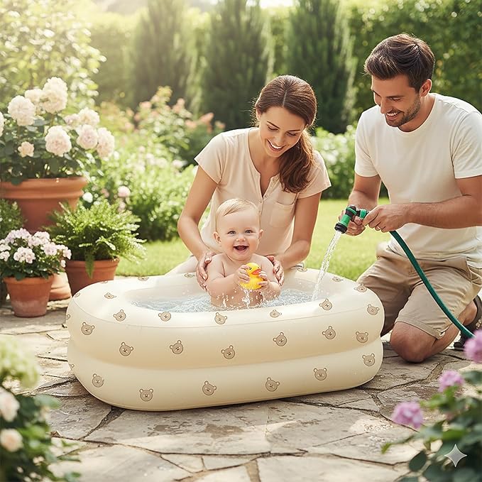 Inflatable Baby Bathtub with Built-in Air Pump, Back Support, Portable Travel Baby Bath Tub, Deflates and Folds Easily, Newborn to Toddler 3-20 Months (Cute Bear)
