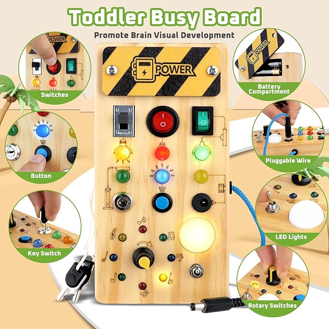 Toddler Toys Busy Board with Led Light, Preschool Learning Activities Sensory Toys for Toddlers 1-3,Montessoti Toys 1 2 3 Year Old Birthday Gift