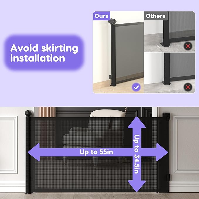 Retractable Baby Gate, Baby Gate for Stairs Auto-Lock, Dog Gates for Doorways Safety, Extends to 34.5x55in, Black