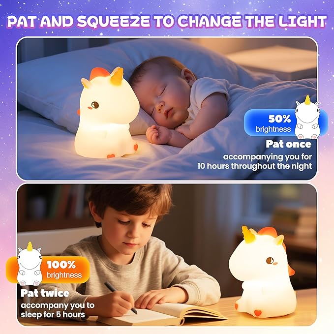 Night Light for Kids, Rechargeable Dimmable Silicone LED Nightlight with 7 Colors, Baby Nursery Night Lamp, Touch Squishy Lamp, Cute Gifts for Girls, Boys, Toddler Room Decor, Unicorn