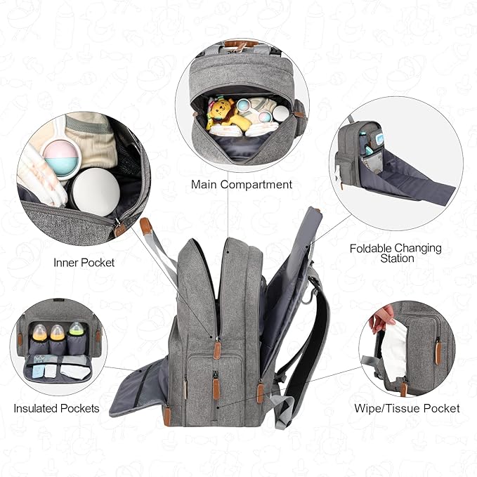 Diaper Bag Backpack with Changing Station, Baby Diaper Bag Organizer for Moms Dads Large Baby Changing Bags