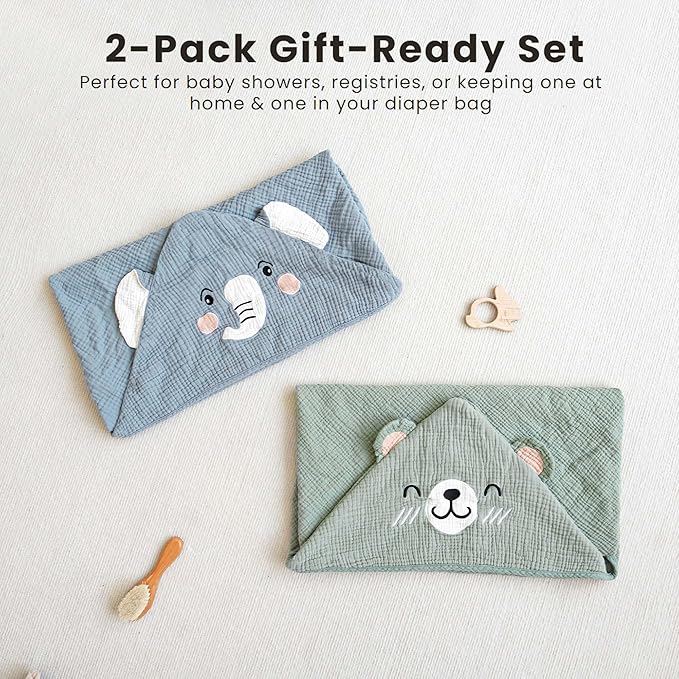 Konssy 2-Pack Muslin Baby Hooded Towels, 100% Cotton, Soft and Absorbent Baby Bath Towels for Newborn, Infant & Toddler with Animal Hooded Design(Elephant & Bear)