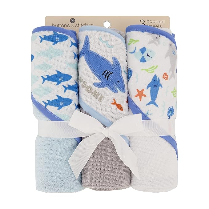 Cudlie Buttons & Stitches Baby Boy 3 Pack Rolled/Carded Hooded Towels in Jawsome Print (GS71723)