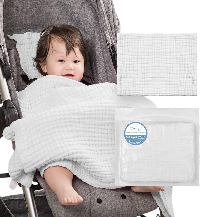L'Ange Baby Bath Towel - 9 Layers 100% Cotton Muslin, Super Quick Dry, Medical Grade Packaging for Infants and Newborns - 28 x 47in - White