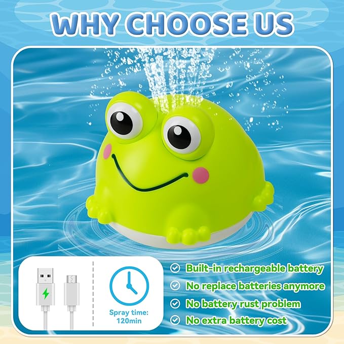Light Up Bath Toys for Kids Ages 1-3,Rechargeable Frog Bath Toy Sprinkler for Babies 6-12 Months,Water Pool Bathtub Fountain Toys,Infant Toddlers Boys Girls Birthday Gifts