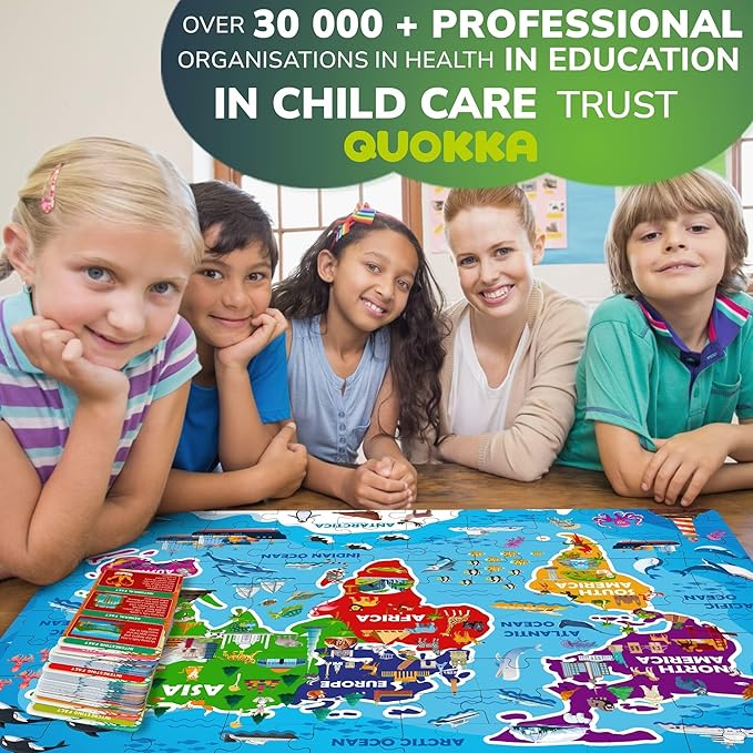 QUOKKA World Map Puzzles for Kids Ages 4-6 - 70 Pcs Floor Puzzles for Kids Ages 4-8 Preschool Activities - Includes 50 Cards with 400+ World Facts - Continent-Shaped Jigsaw Puzzle Gift for Girls Boys