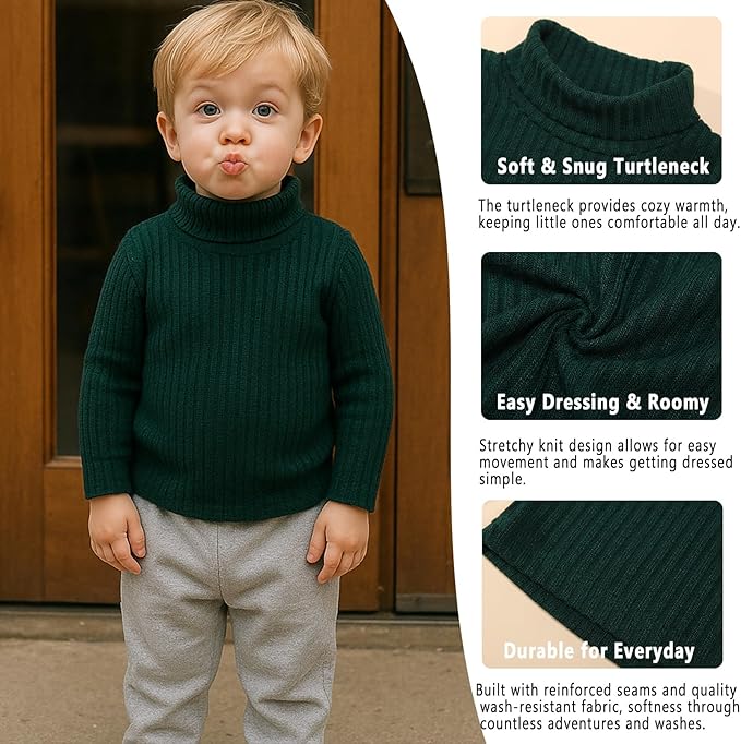 DEFAHN 2 Pack Toddler Unisex Solid Turtleneck T-Shirt Long Sleeve Ribbed Sweatshirt Basic Tee Tops Girls Boys