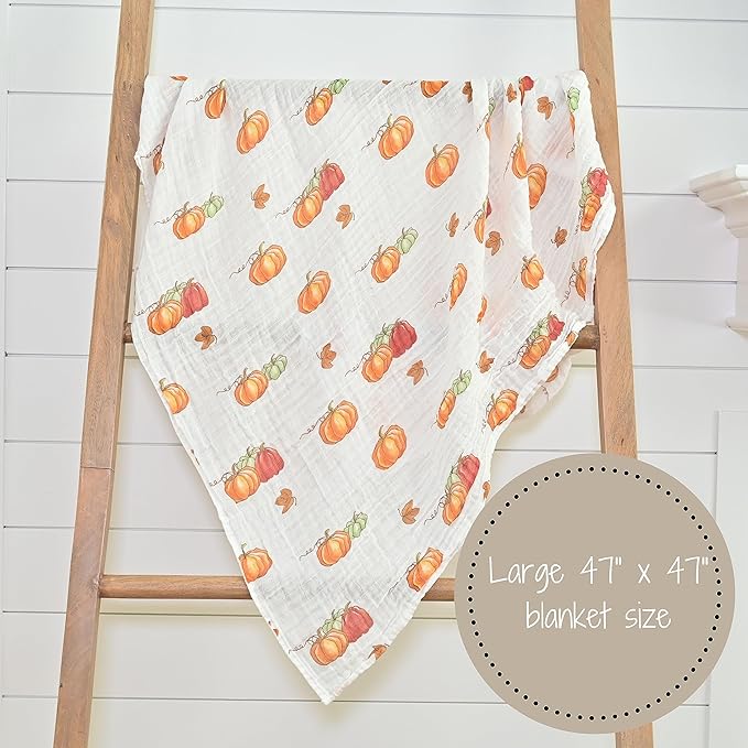 LollyBanks Baby Blanket, 100% Cotton Muslin Swaddle Blankets for Boys and Girls, Large 47 x 47 Inches Newborn Blanket, Soft and Breathable Baby Swaddle, Newborn Essentials, Registry (Pumpkin Print)