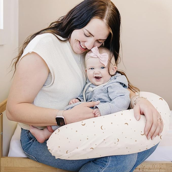 Konssy 2 Pack Nursing Pillow Covers, Stretchy and Soft Nursing Cover for Breastfeeding Pillows, Pillow Slipcover for Baby Girls Boys Newborn (Moon,Coffee Check)