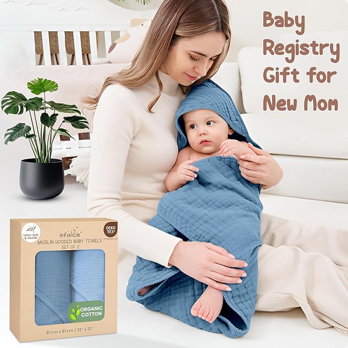 Organic Cotton Muslin Baby Hooded Towels - 32x32 Inch, 2 Pack Newborn Bath Towels for Boys & Girls, Soft & Absorbent Bath Set (Deep Blue/Aquarius)