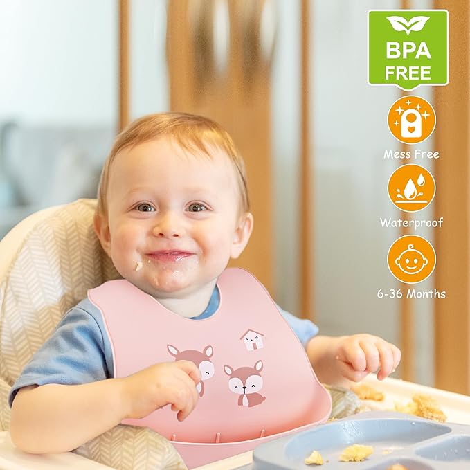 2 Pack Silicone Baby Bibs Adjustable Fit Waterproof Bib With Leak Proof Food Pouch Catcher for Eating Boys Girls