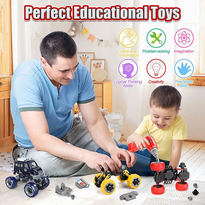 LUDILO Kids Boys Toys Age 4-6 5-7 6-8: 4 PCS DIY Assembly Building City Bus Ambulance Police Car Toy Fire Truck with Electric Drill, Stem Learning Toys Gifts for 3 4 5 6 7 8 Year Old Boys Girls Kids