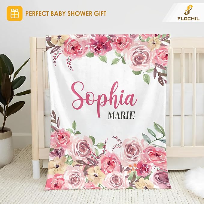 FLOCHIL Personalized Baby Blankets, Custom Baby Blanket - Baby Blanket with Name for Girls, Best Gift for Baby, Newborn Floral Plush Fleece (30x40)