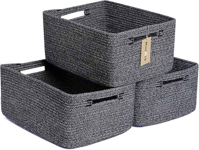 Large Storage Baskets for Shelves, Closet Organizers Bins for Clothes Blanket Towels, Baby Nursery, Toy Baskets Box, Woven Rope Baskets, 17 x 13 x 7.5”, 3 Packs Dark Gray