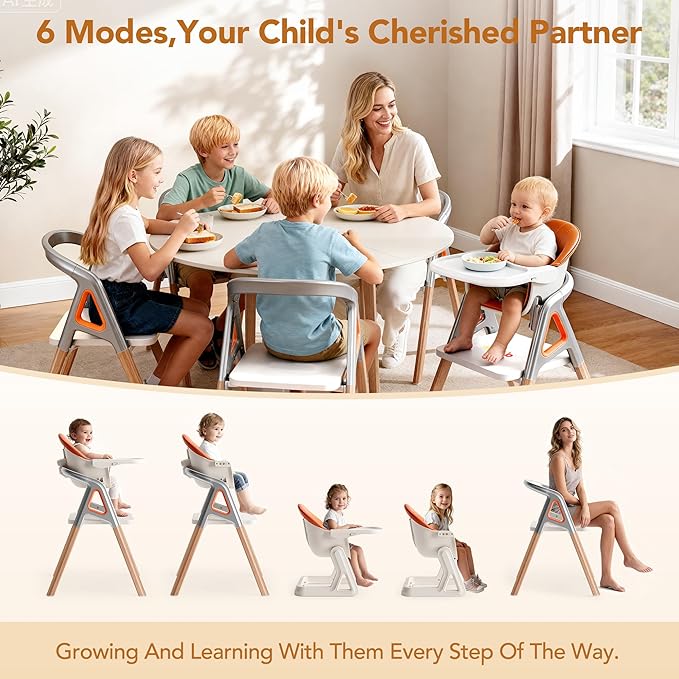 CoziBB Baby High Chair, 6 in 1 Convertible Growing Baby Highchairs for Babies and Toddlers, Baby Chair with Adjustable Dining Tray and Seat, 5-Point Safety Belt,White