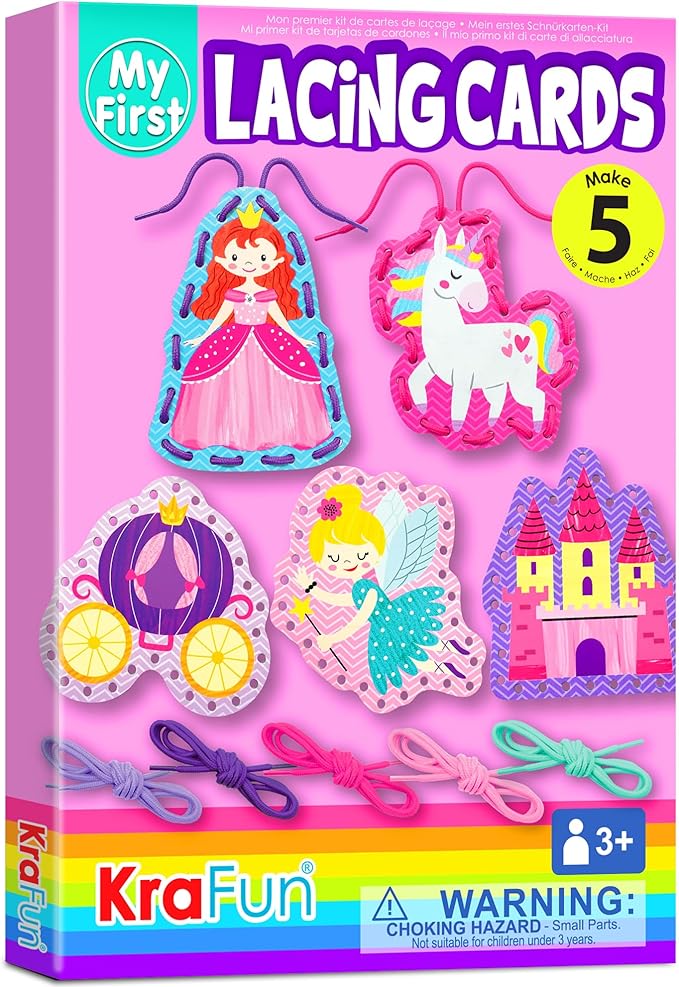 KRAFUN Beginner Unicorn My First Lacing Card Kit for Kids Arts & Crafts, 5 Easy Princess Lacing Projects, Paper Art Craft Cards for Toddlers, Fine Motor Preschool Skills Toys