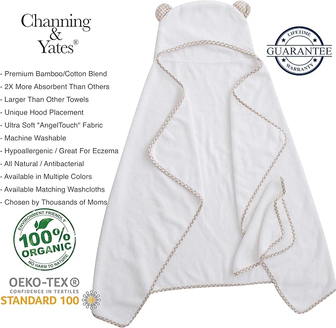Channing & Yates Premium Organic Baby Towel Set - Soft Viscose Bamboo Hooded Towel & Washcloth - Girl & Boy Bath Essentials (Beige/White)