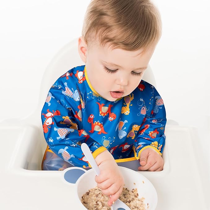 Long Sleeve Bibs For Babies 6-24 Months Full Coverage Shirt Bib for Baby Boys Girls Waterproof Smock Bibs with Sleeves Toddler Mess Free Bib for Eating with Pocket, 3 Pack