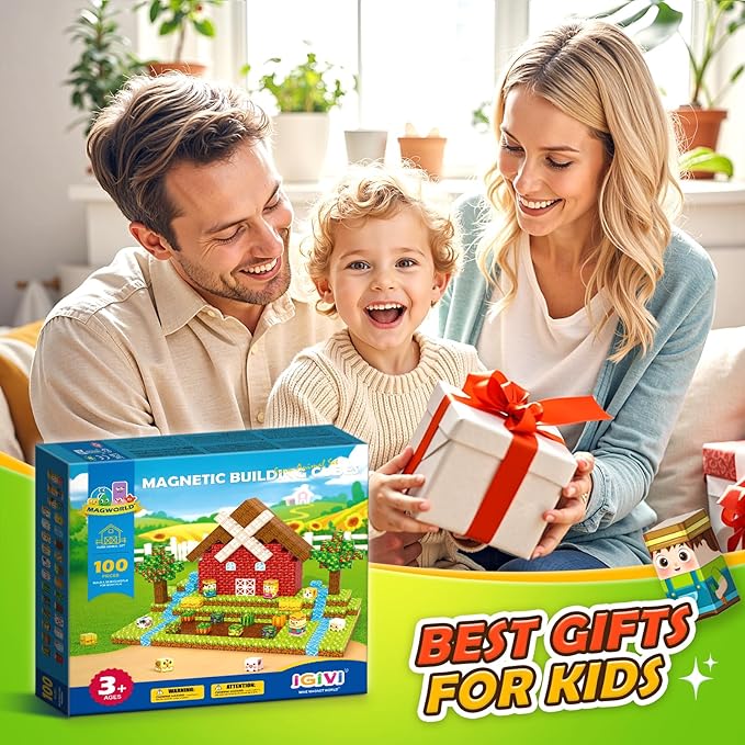 1" Magnetic Blocks - Build Mine Magnet World Farm Animals Set, 100PCS Vibrant Colorful Magnetic Blocks with Ultra Magnet Strength for Kids Ages 3-12, STEM Toys Ideal Gifts for 3+ Years Old Boys Girls