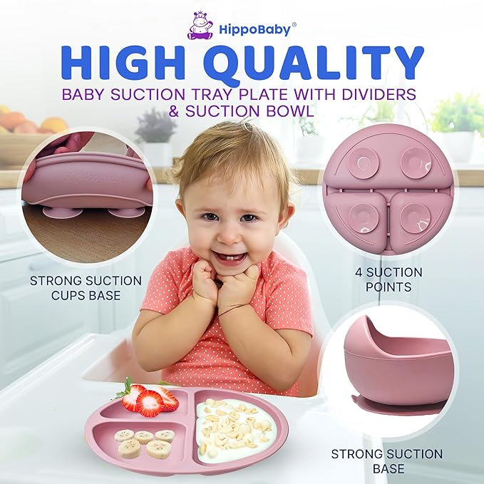 Baby Led Weaning Supplies |10 Piece Silicone Baby Feeding Set, Baby Toddler Bib Cup Divided Plate and Bowl Self Feeding Spoons Dish Set | Baby Utensils,Toddler Feeding Supplies (Rose Quartz)